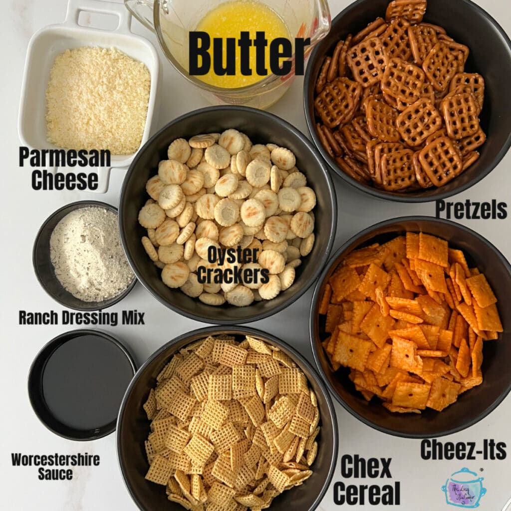 Parmesan ranch snack mix ingredients with labels