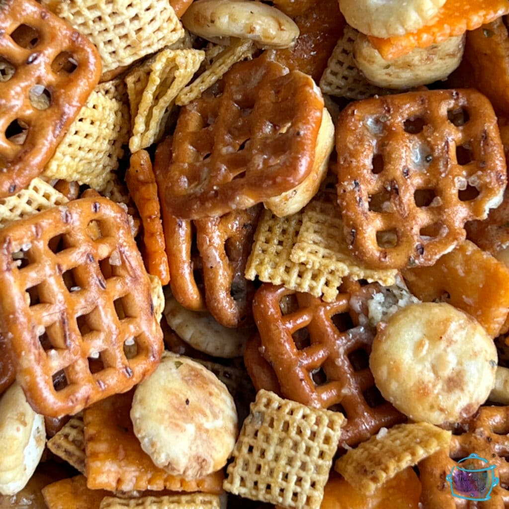 A close up shot of snack mix ready to cook