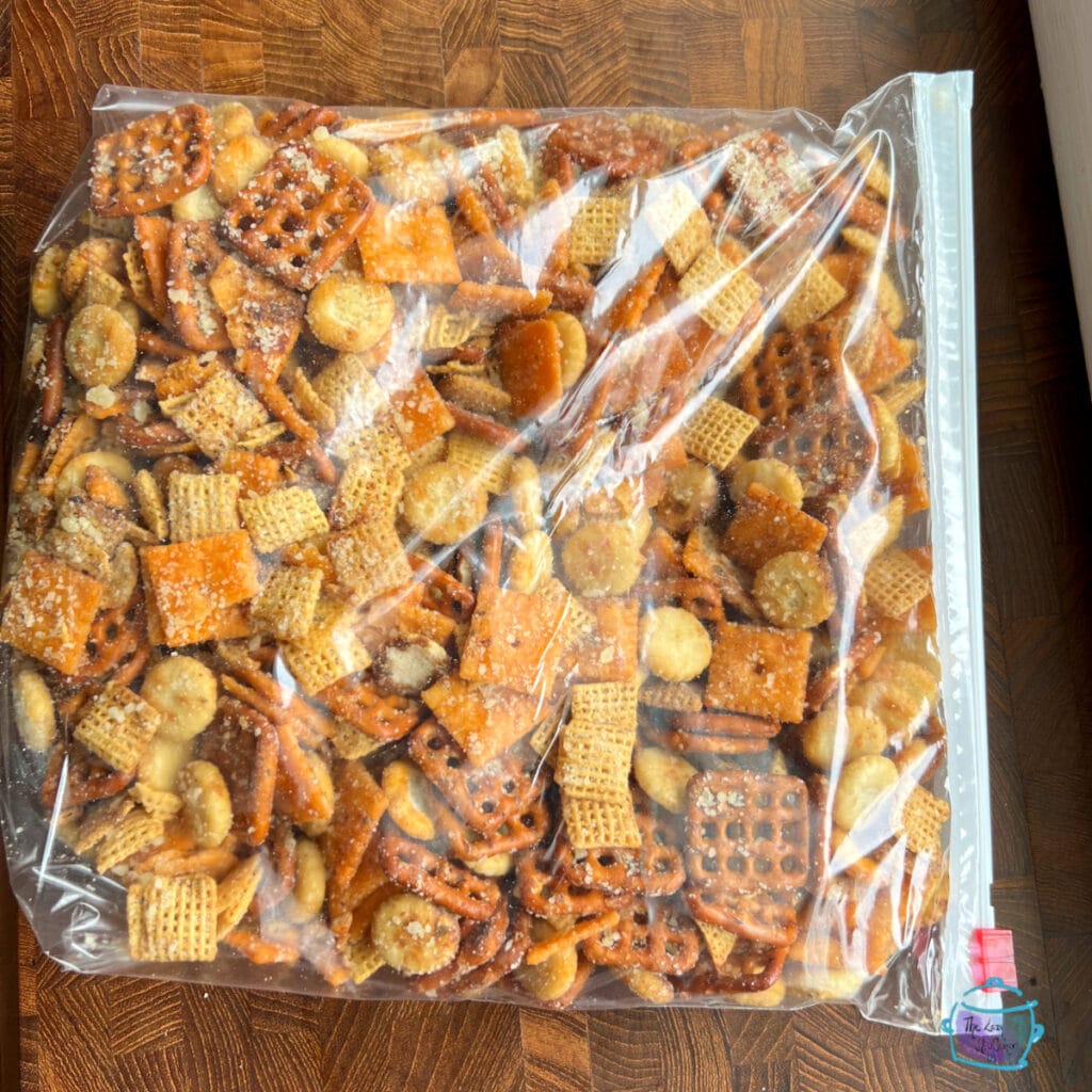 A zipper top bag filled with finish ranch snack mix