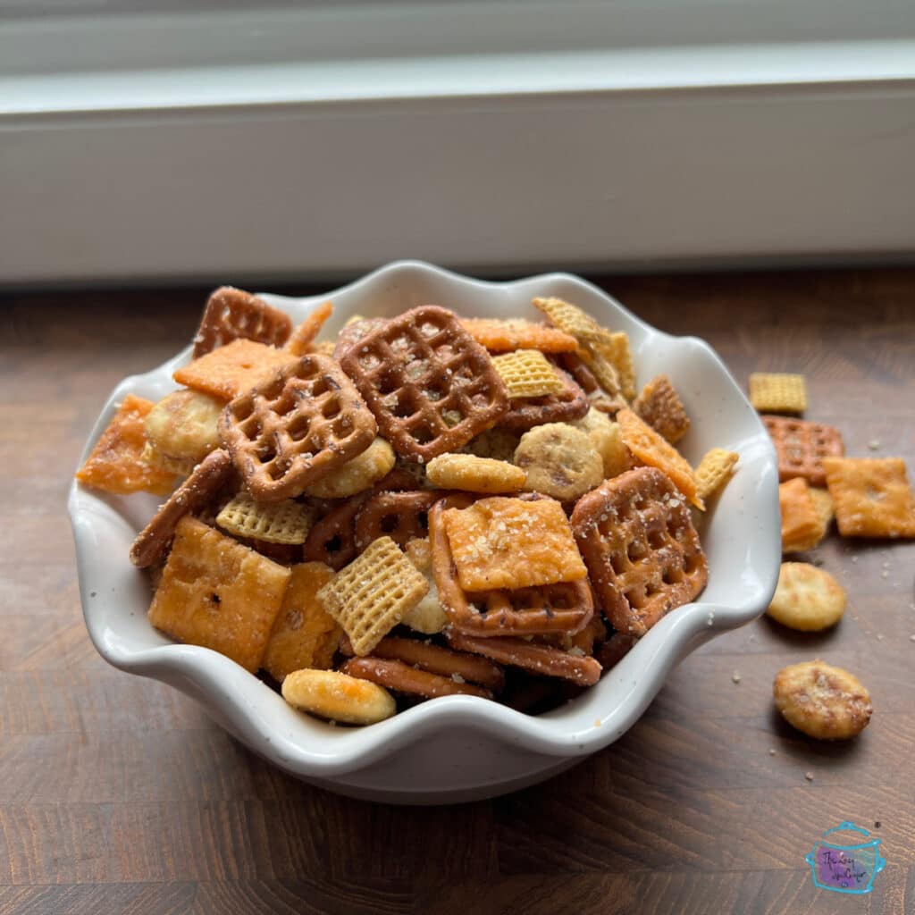 Crockpot parmesan snack mix in a bowl