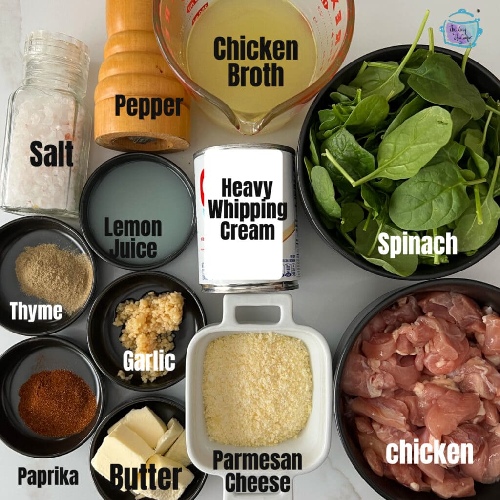 All ingredients for slow cooker creamy lemon chicken with labels