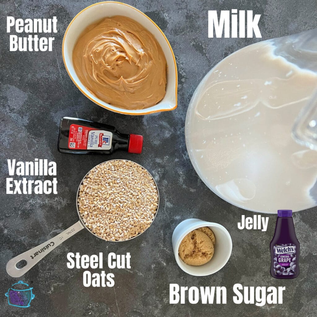 All slow cooker peanut butter and jelly oatmeal ingredients with labels 