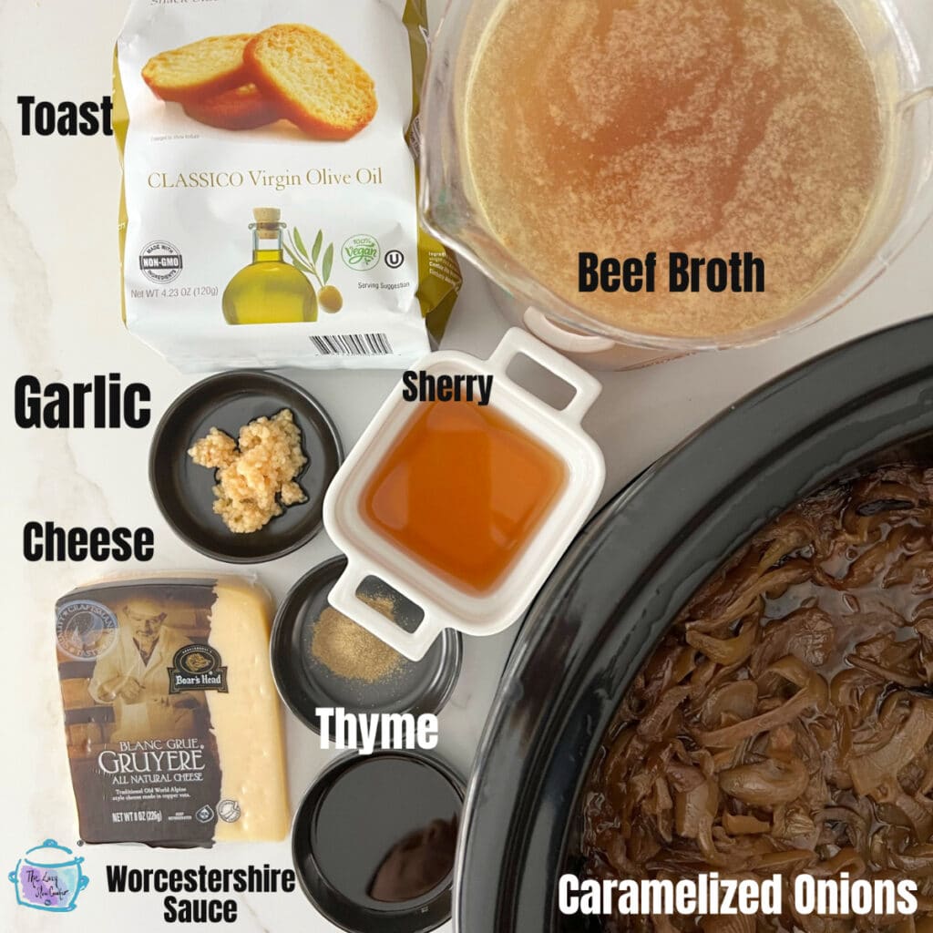 caramelized onion soup ingredients with labels