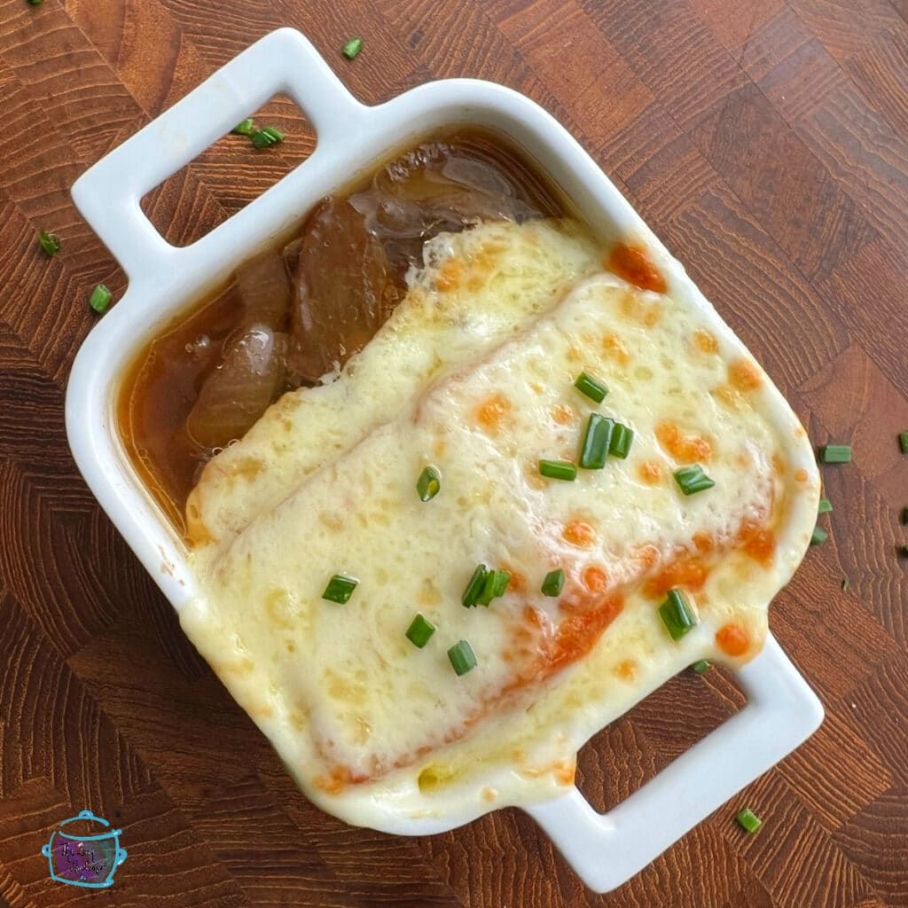 looking down on a finished bowl of caramelized French onion soup