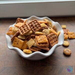 Crockpot parmesan snack mix in a bowl
