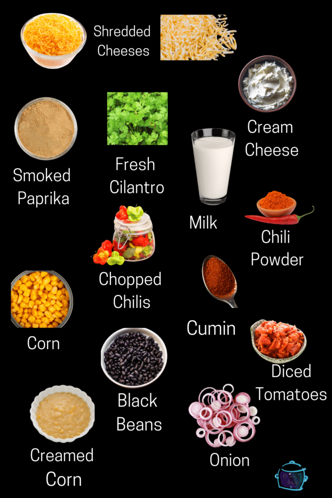 all slow cooker fiesta dip ingredients with labels