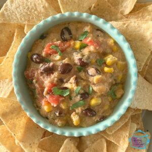 Looking down on a bowl of slow cooker dip surrounded by chips