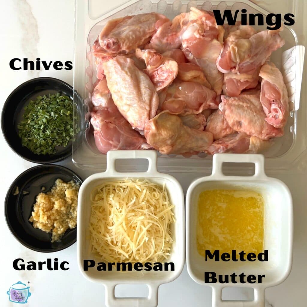 slow cooker garlic parmesan wing ingredients with lables