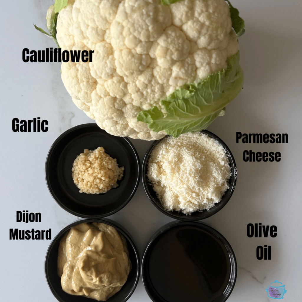 Whole slow cooker parmesan cauliflower ingredients with labels