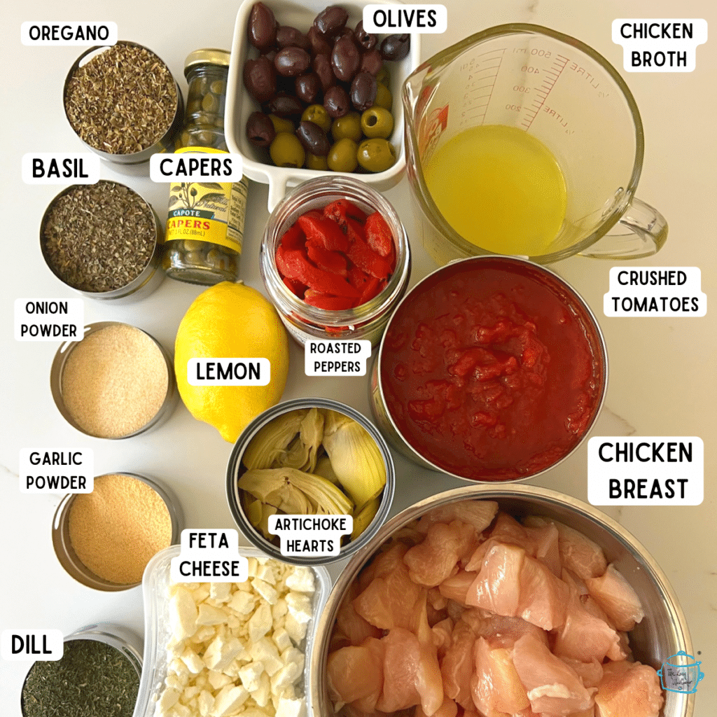 Crockpot mediterranean chicken ingredients on a counter with labels