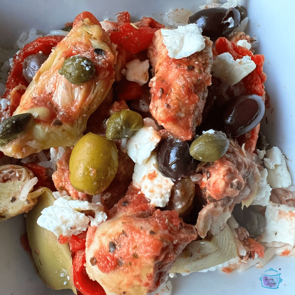 close up of chicken pieces with olives, capers, artichoke hearts and feta cheese on a white plate