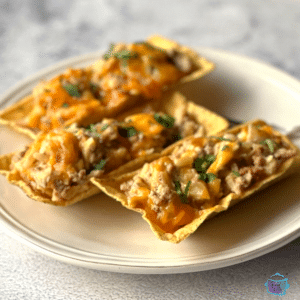 crockpot cheeseburger bake in three taco bowls