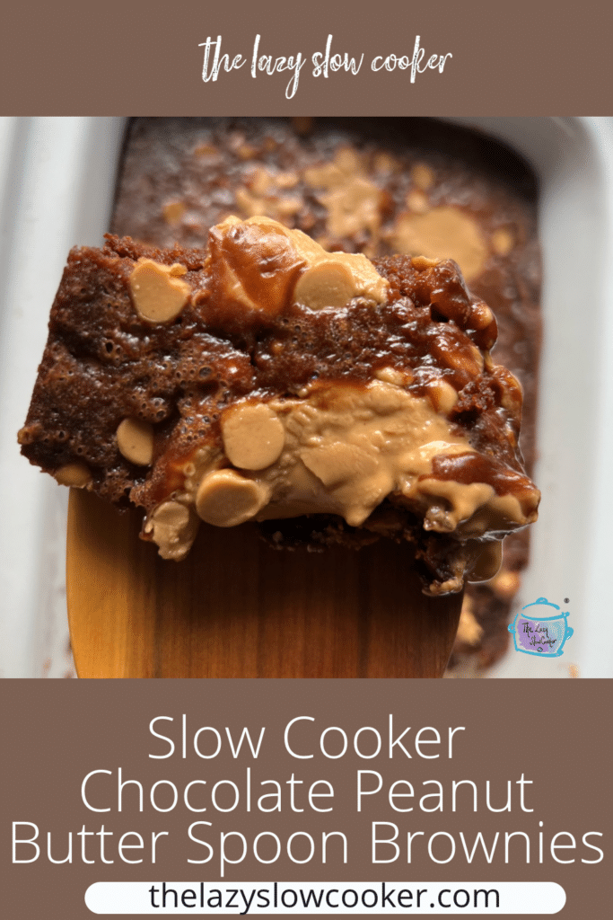 A slice of slow cooker chocolate peanut butter spoon brownie being held on a spatula