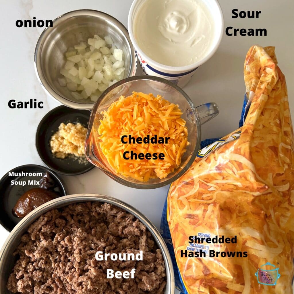 slow cooker hamburger hashbrown casserole ingredients with lables