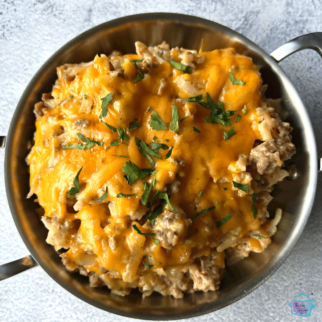 top view of cheeseburger potato bake with melted cheese on top