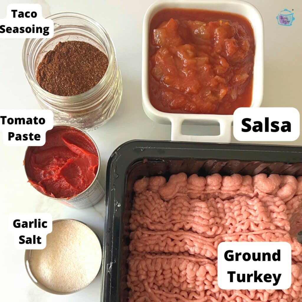 Slow cooker turkey taco ingredients with labels