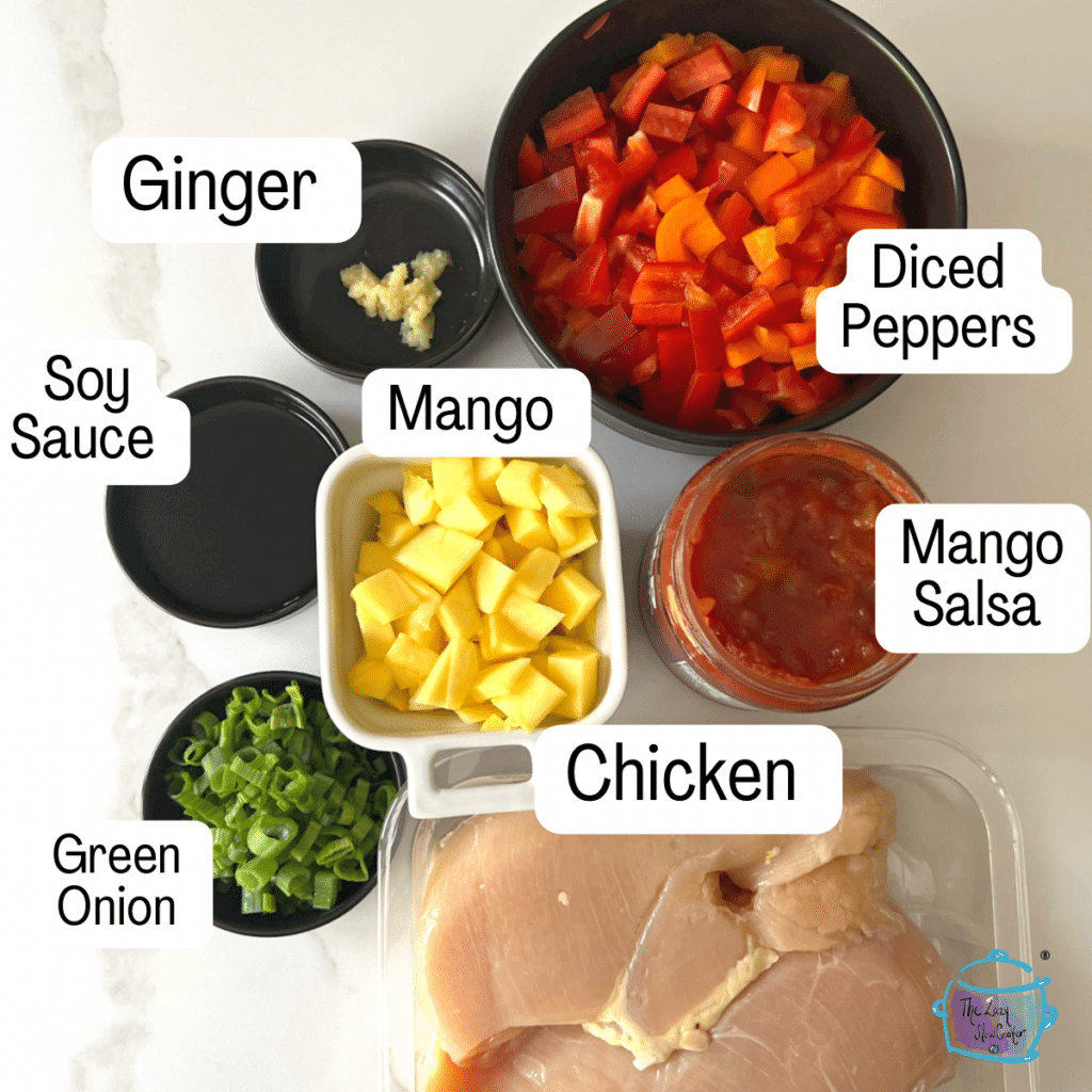 Slow cooker mango chicken ingredients with labels