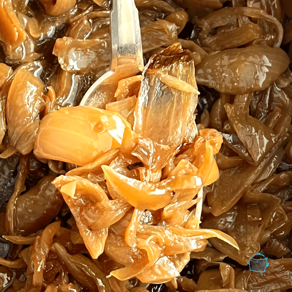 caramelized onions up close coming out of the slow cooker