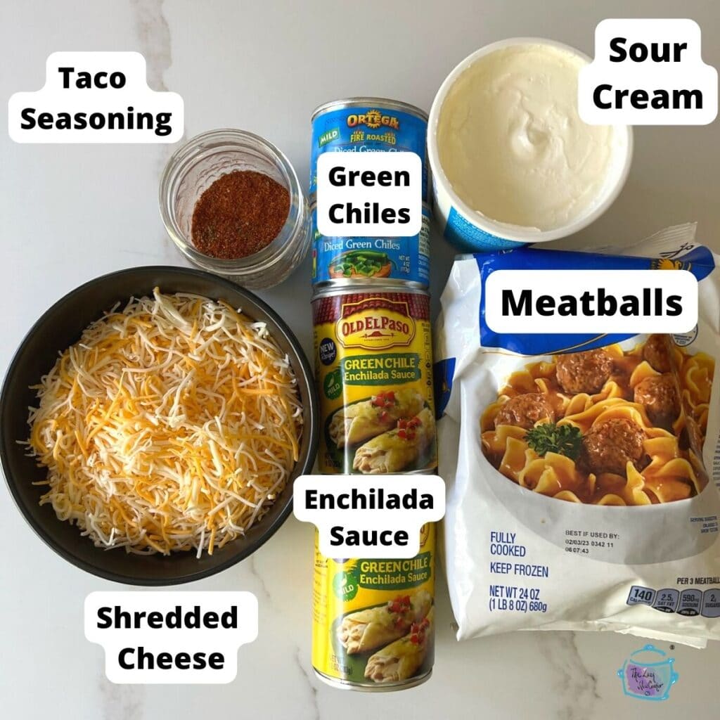slow cooker enchilada meatball ingredients with lables
