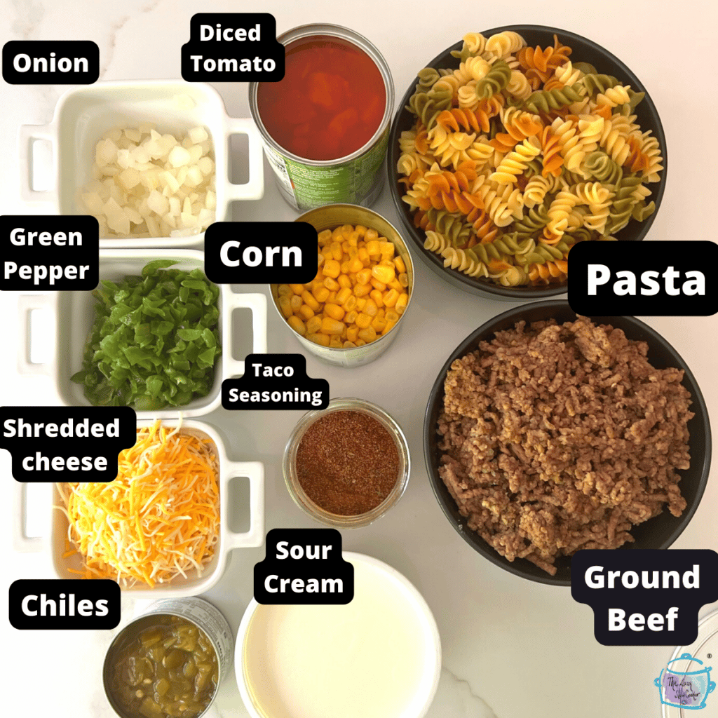 all taco pasta slow cooker ingredients with labels