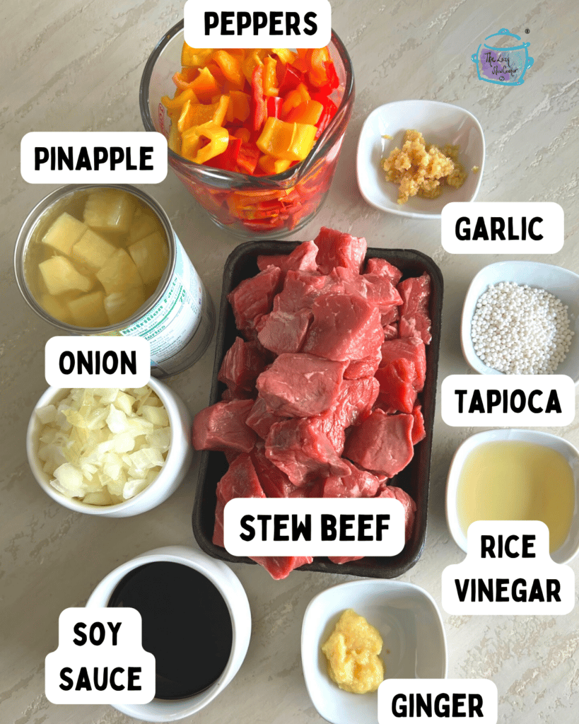 slow cooker Hawaiian beef ingredients with labels