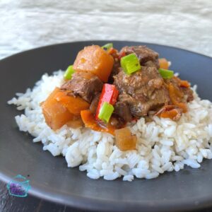 Hawaiian beef on a bed of rice after