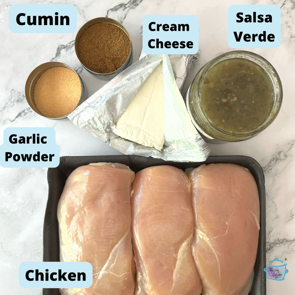 creamy salsa verde chicken ingredients with lables