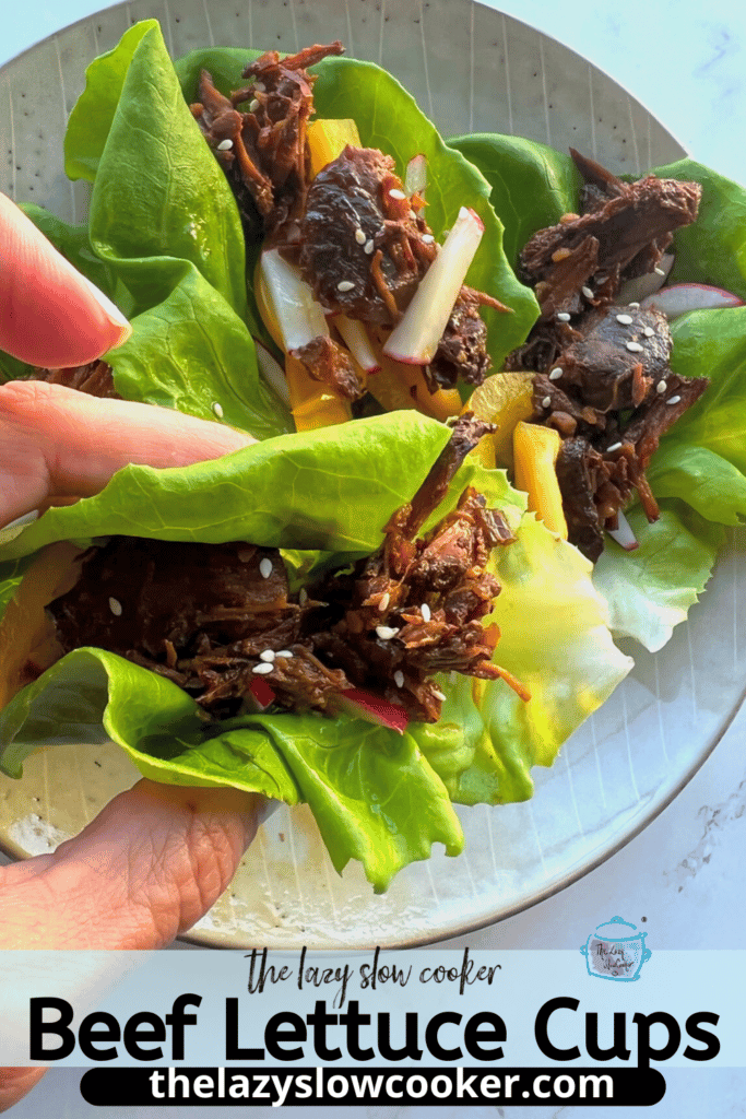 pinterest pin of slow cooker beef lettuce cup