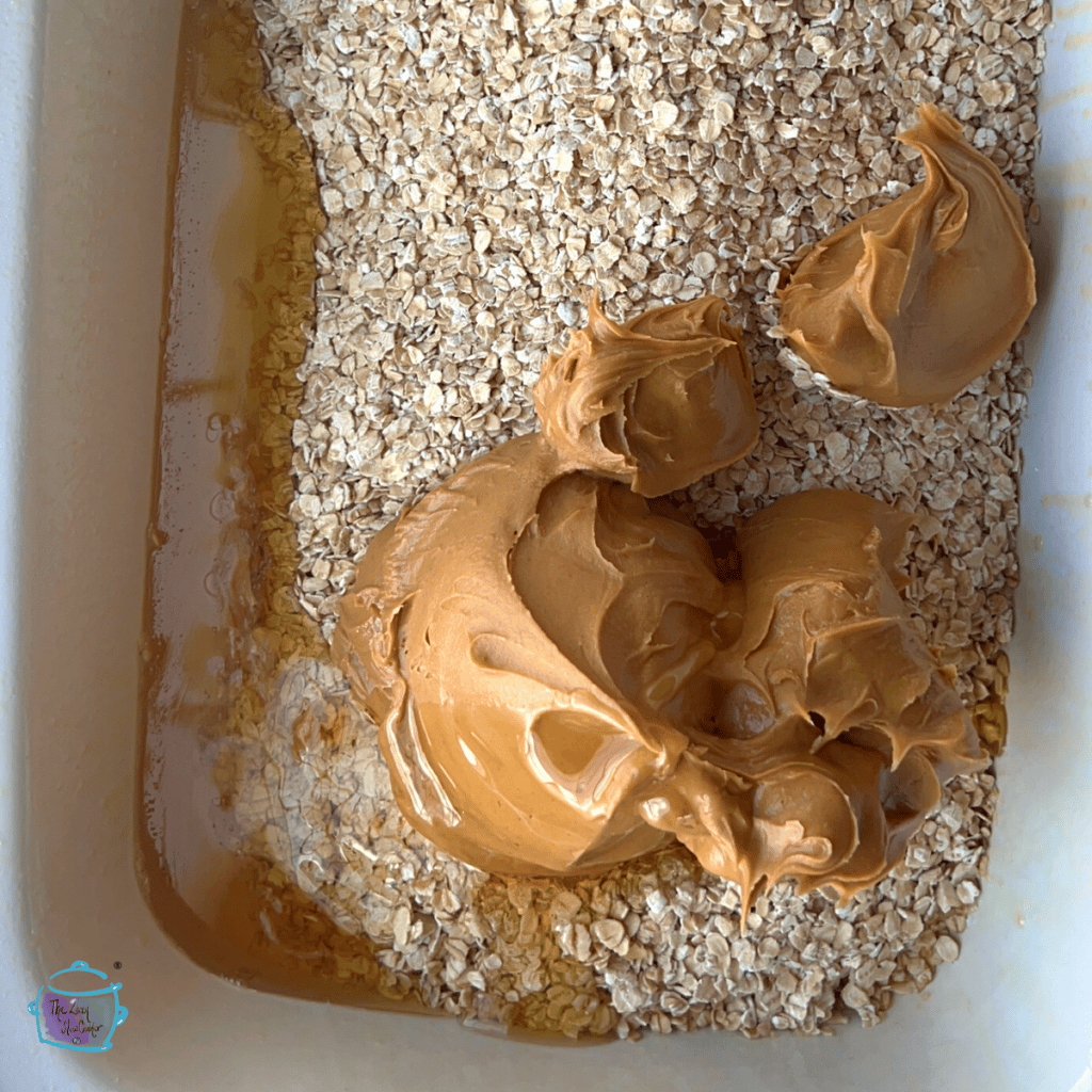 peanut butter granola ingredients in crockpot before cooking