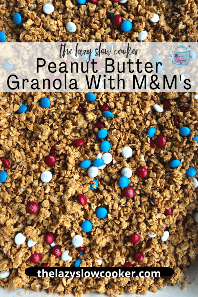 slow cooker peanut butter granola with M&m's in a slow cooker