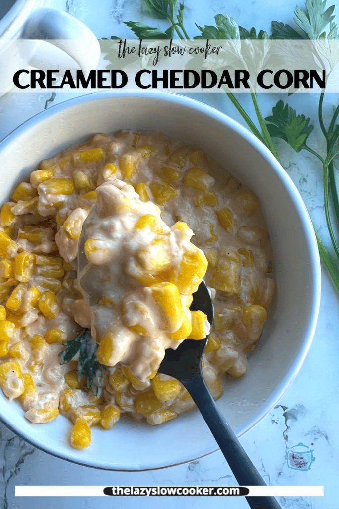 Pinterest pin of finished creamed corn in a white bowl