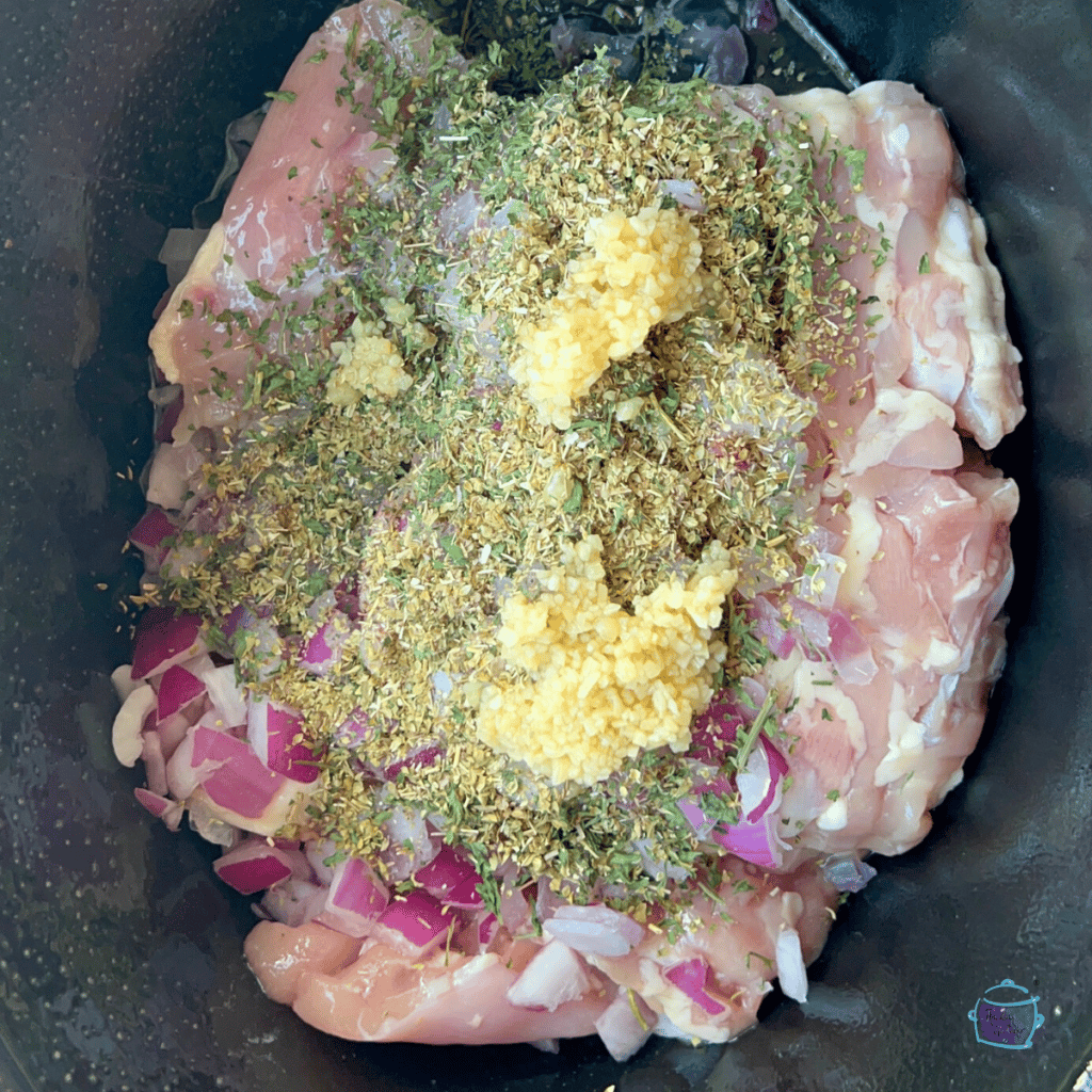 All gyro ingredients in slow cooker prior to cooking