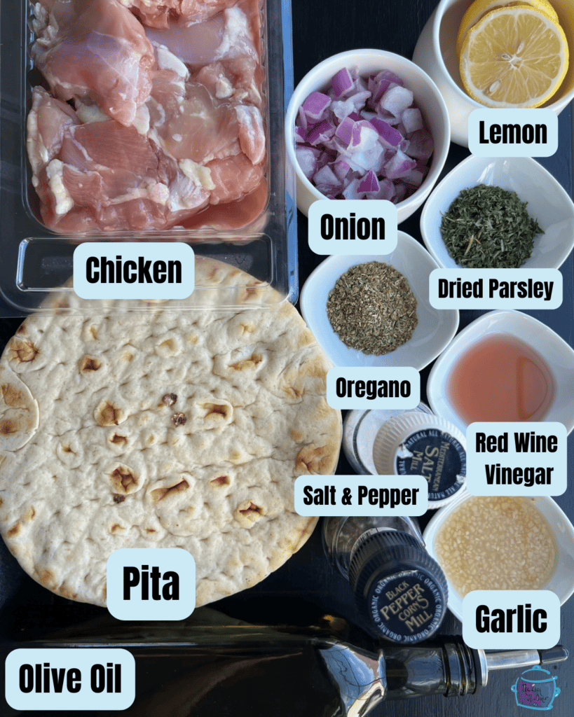 ingredients for slow cooker chicken gyros with labels