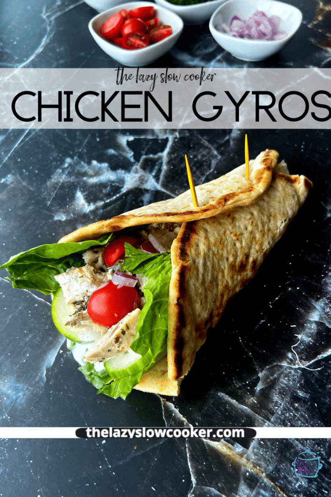 pinterest pin of a slow cooker chicken gyro on a black background