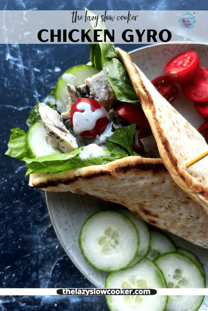 pinterest pin of a slow cooker chicken gyro on a plate