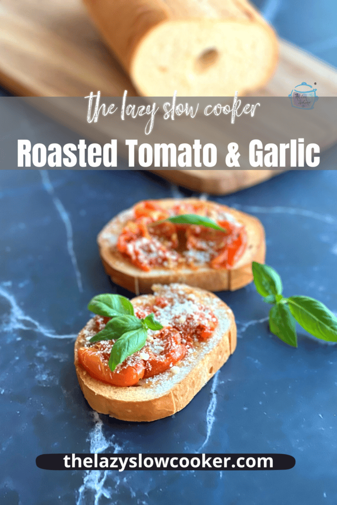 two pieces of toast covered with slow cooked tomatoes and garlic some fresh basil and grated parmesan cheese