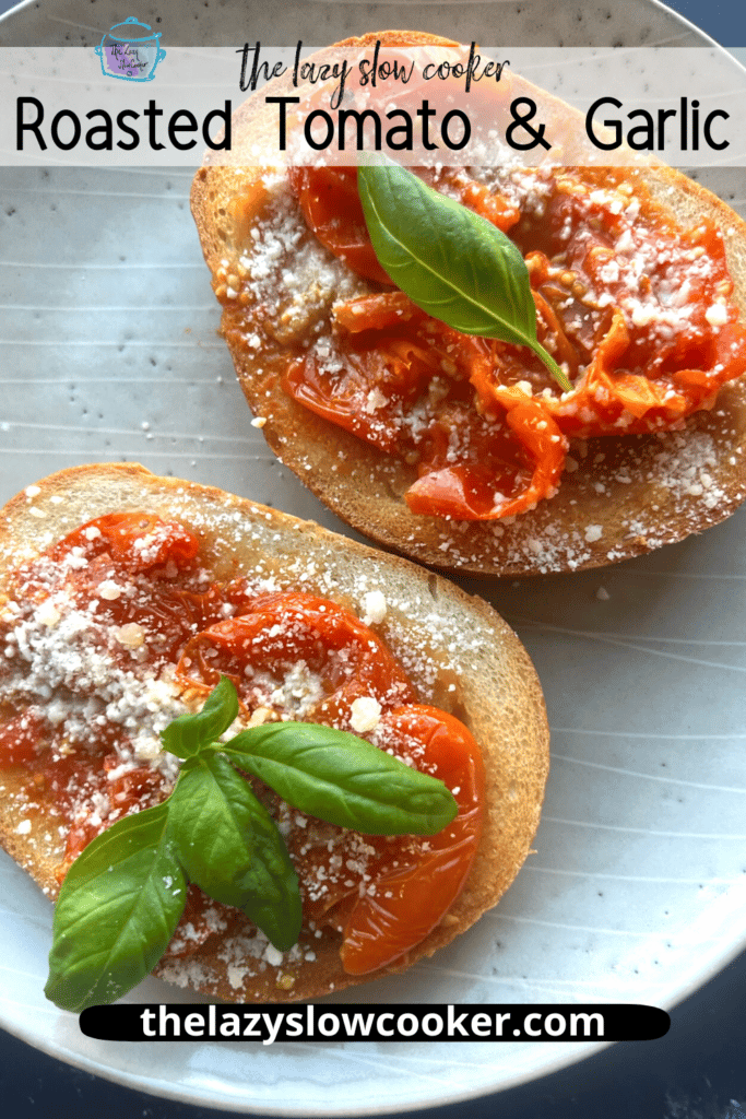 close up of two pieces of toast covered with slow cooked tomatoes and garlic some fresh basil and grated parmesan cheese