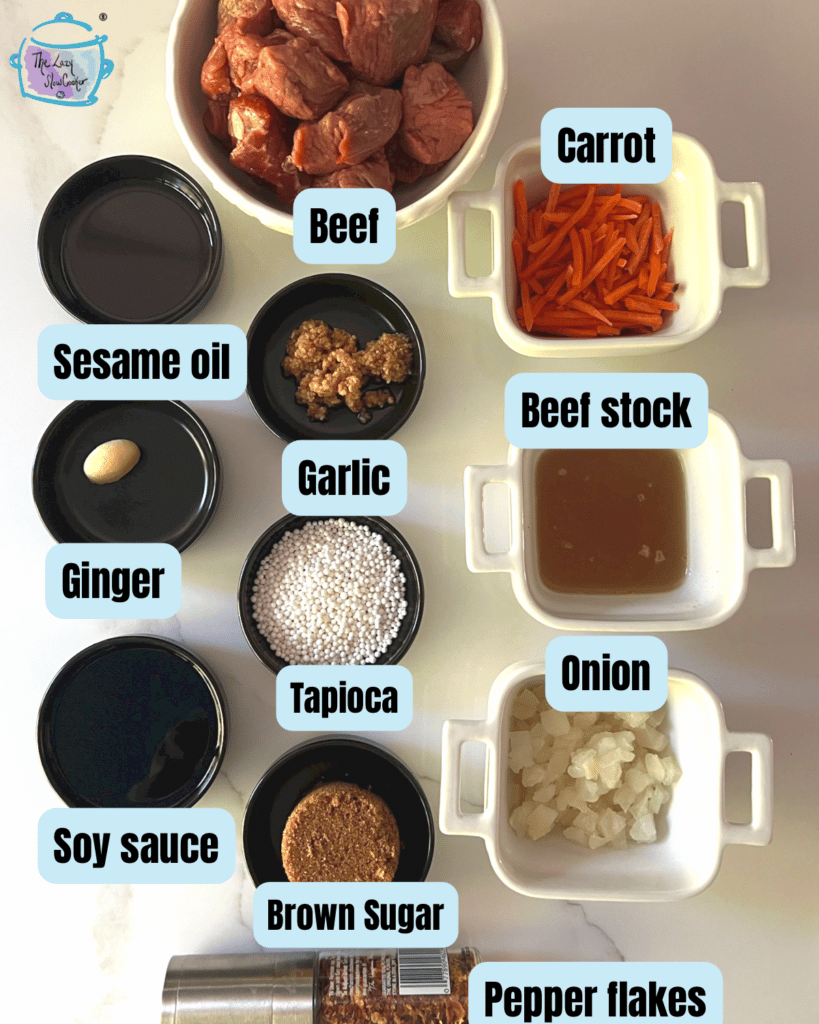 Crockpot beef bulgogi ingredients with labels