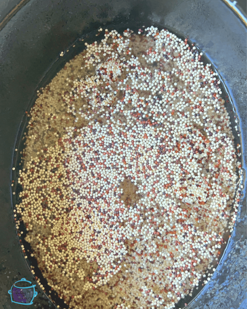 uncooked quinoa and water in a slow cooker before cooking