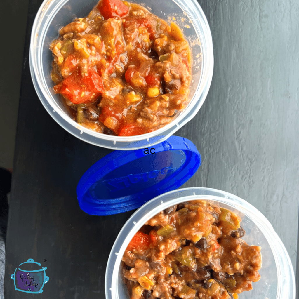 two airtight containers of leftover taco soup