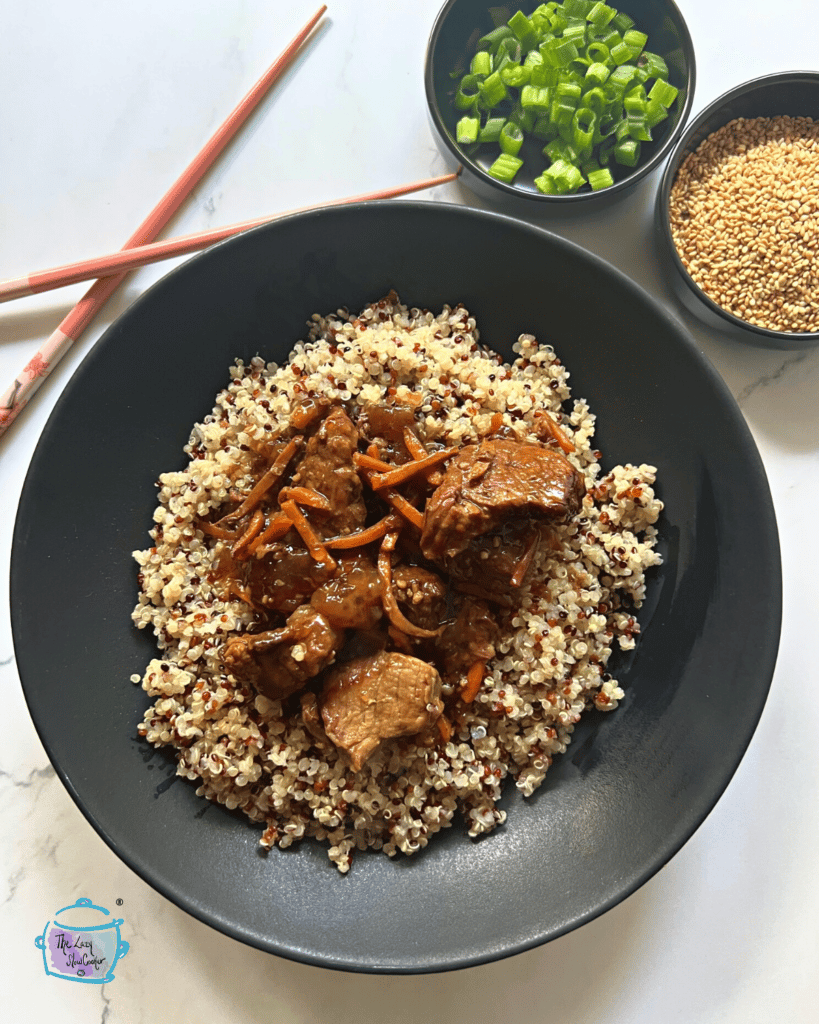 Crockpot Korean beef bowl with chopsticks