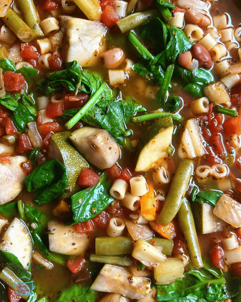 close up of slow cooker minestrone veggies after cooking