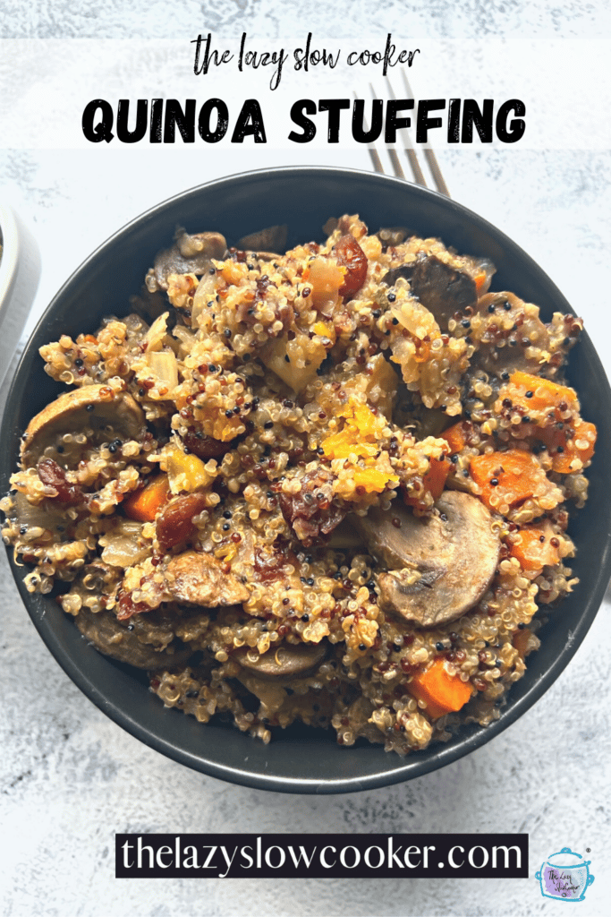 a bowl full of finished quinoa stuffing after slow cooking