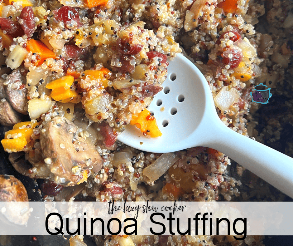 a slow cooker full of finished quinoa stuffing with some on a spoon