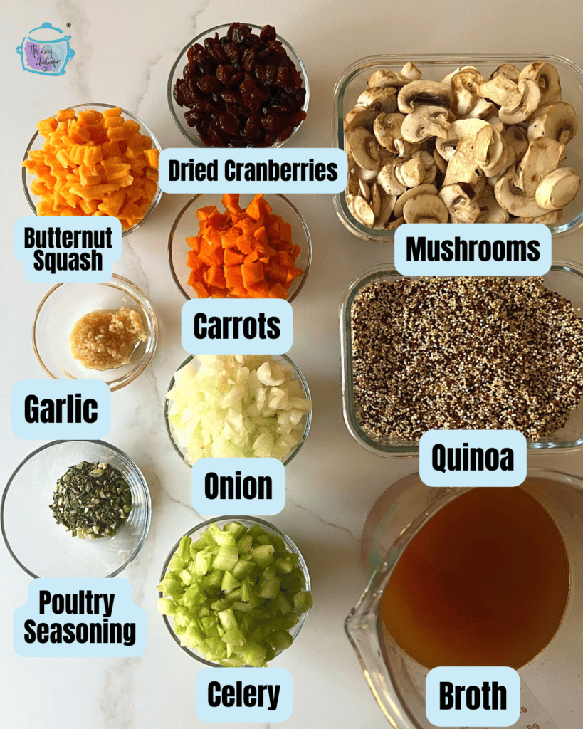 All ingredients in slow cooker quinoa before cooking with labels