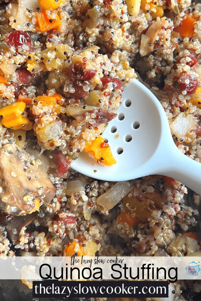a slow cooker full of finished quinoa stuffing with some on a spoon