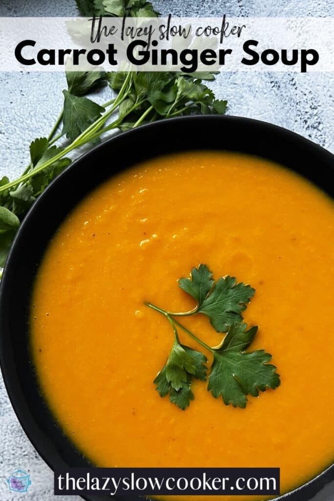 looking down on a bowl of carrot ginger soup topped with parsley
