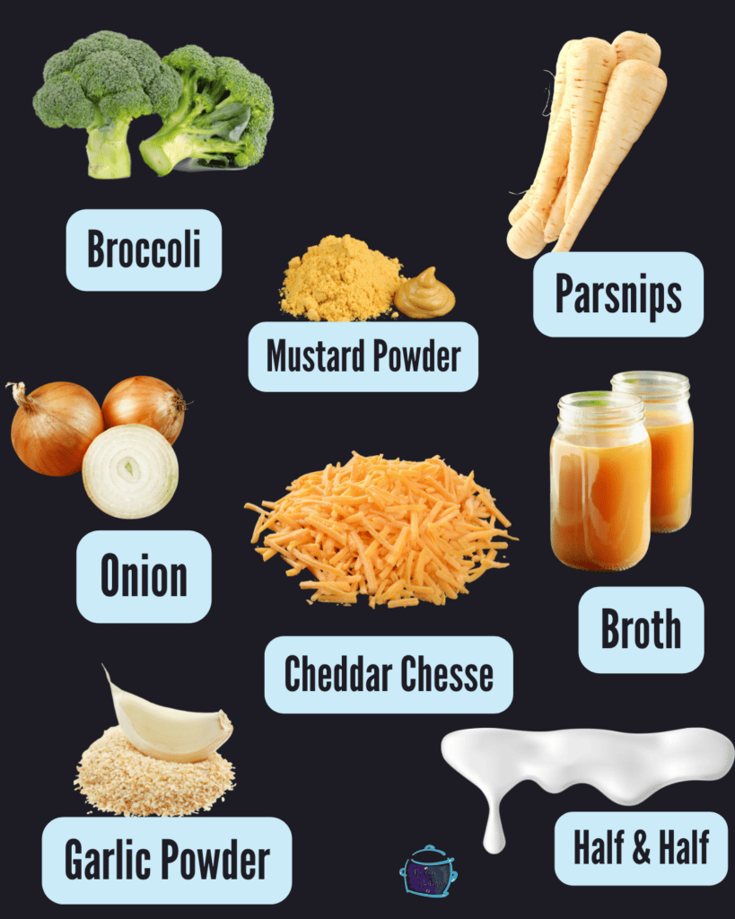 Slow cooker broccoli cheddar soup ingredients with labels