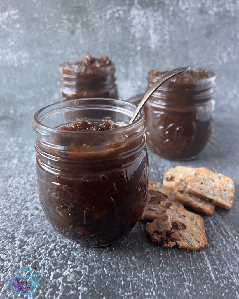 slow cooker maple onion jam in a gift jar