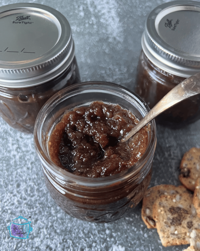 slow cooker maple onion jam in a gift jar